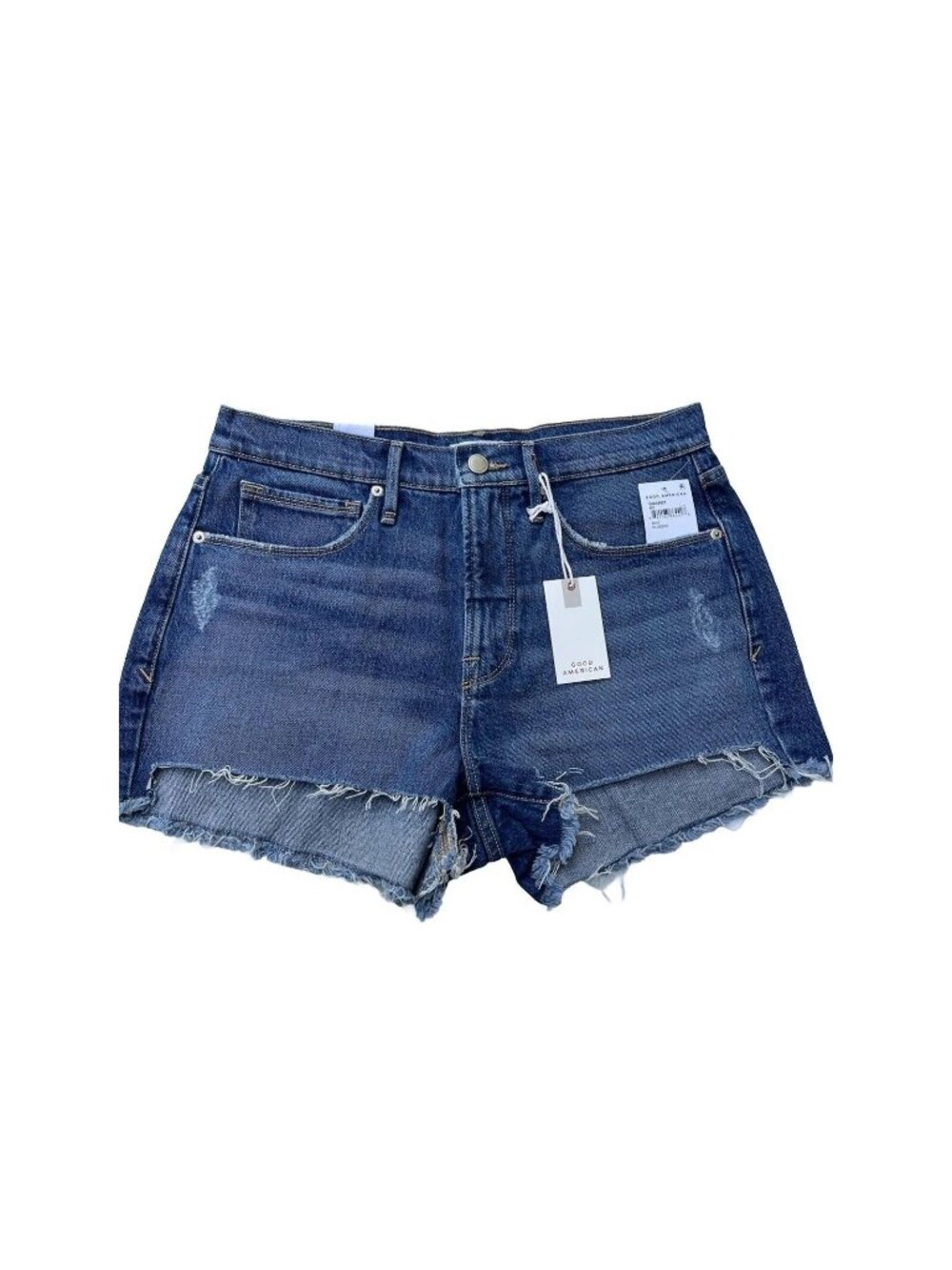 NWT Good American Good 90's Denim Shorts Split Raw Hem Blue 645 High Waist 27